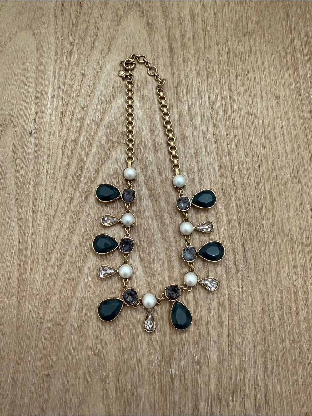J.Crew Statement Necklace with Dark Green Tear-Drop Stones & Pearls